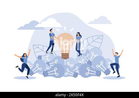 Business concept vector illustration, brainstorming, idea in the form of an abstraction light bulb, a group of people climbed up on extinct light bulb Stock Vector