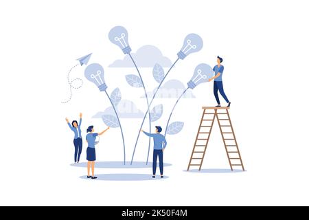 vector illustration. people grow potted plants, a metaphor for the birth of a creative idea. business concept analysis. graphic design idea of project Stock Vector