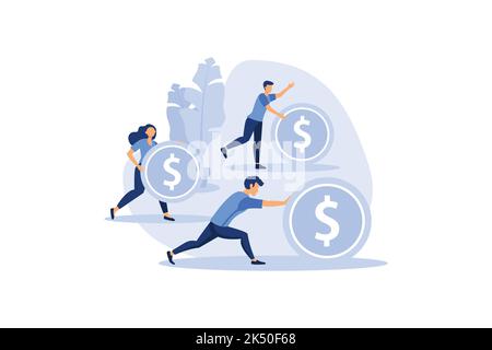 investment management, profit promotion, coins in motion, career growth to success, flat color icons, business vector flat modern design illustration Stock Vector