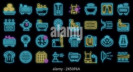 Hydro massage icons set outline vector. Aqua spa. Hydrotherapy park vector neon Stock Vector