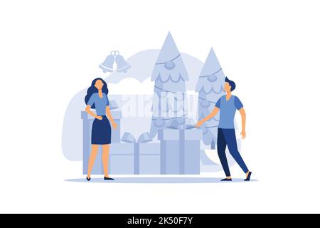 people are preparing for the new year, are engaged in decoration, corporate in the office at work vector flat modern design illustration Stock Vector