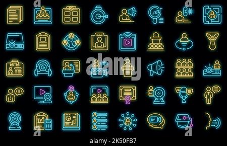 Conference icons set outline vector. Virtual zoom. Online work vector neon Stock Vector