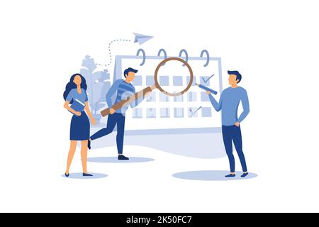 people characters make an online schedule in the tablet. design business graphics tasks scheduling on a week flat design illustration Stock Vector