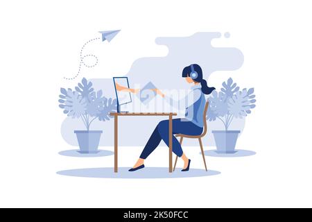 The girl is sitting at the computer. A hand comes out of the monitor. Distance learning or online school. Video conference. Stock Vector