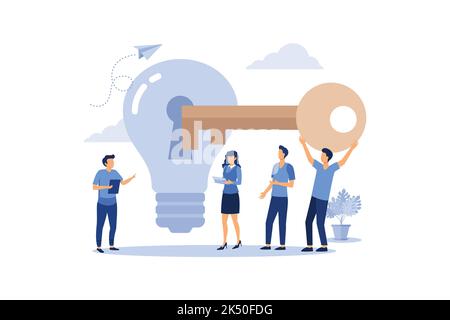 creative concept idea key to success, light bulb energy and symbol, search for new creative thoughts cartoon style flat modern design illustration Stock Vector