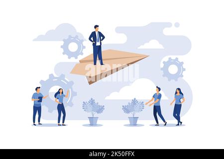 concept of reaching the goal, a man rises up on a paper plane, the people downstairs support him and rejoice flat modern design illustration Stock Vector