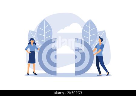 Business concept. Two businessmen pushing target. Team works to reach goal. Vector illustration flat style design. Connecting piece part. Symbol of wo Stock Vector