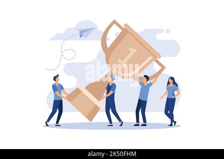 Business Team Success, Achievement Concept. Flat People Characters with Prize, Golden Cup. Office Workers Celebrating with Big Trophy.flat modern desi Stock Vector