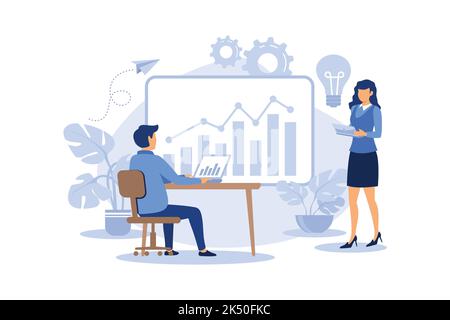 an employee engaged in the construction of columns of graphs, career growth to success, flat color icons, business analysis, data storage in the cloud Stock Vector