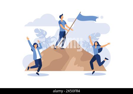 Teamwork partnership Vector Illustration. showing Target reaching as company employee challenge to climb to mountain together with unity and cooperati Stock Vector
