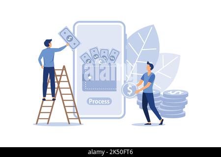 Money transfer to e-wallet Concept, Showing the activity of entrepreneurs shopping using e wallet, Suitable for landing page, UI, web, App intro card, Stock Vector