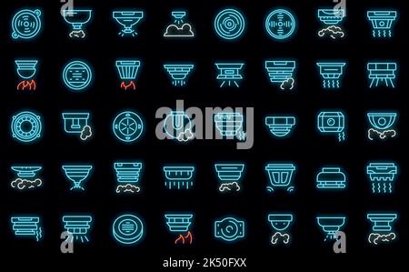 Smoke detector icons set outline vector. Alarm celling. Fire accident vector neon Stock Vector