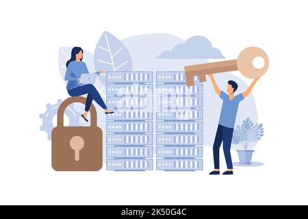 Server Security Concept, Showing the server is being maintained by a network administrator, Suitable for landing page, UI, web, flat modern design ill Stock Vector