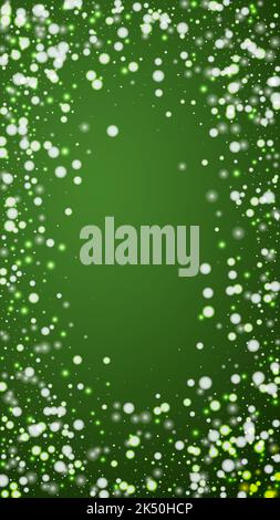Magic falling snow christmas background. Subtle flying snow flakes and stars on christmas green background. Magic falling snow holiday scenery. Vertic Stock Vector
