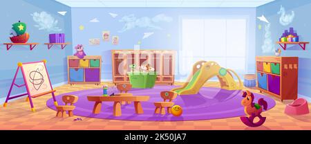 Kindergarten, nursery playroom with table, chairs, lockers, slide and toys box. Vector cartoon illustration of daycare center interior with easel for Stock Vector