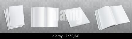 Empty notebook open and closed top view, realistic set. Vector illustration of paper book with blank white pages isolated on transparent background. P Stock Vector