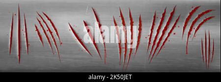 Metal texture with red scratches of wild animal claws. Torn slashes on steel surface, scary talons marks with blood inside and bloody drops, vector re Stock Vector