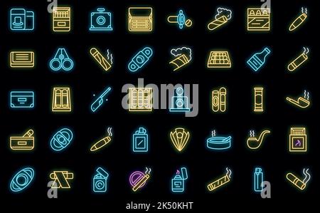 Cigarette and cigar accessories icons set outline vector. Box addiction. Cutter pack vector neon Stock Vector