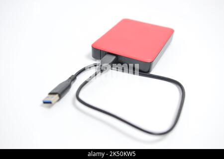 Isolated external hard drive or hard disk or HDD on white background. Stock Photo