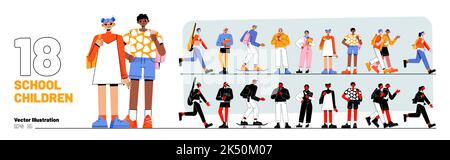 Set of school children, students, multicultural young girls and boys with backpacks holding books and smartphones. Happy diverse teenagers characters Stock Vector