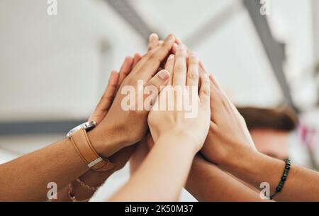 Support, community and high five with hands of people in collaboration for goals, mission or team building. Vision, mindset and teamwork with friends Stock Photo