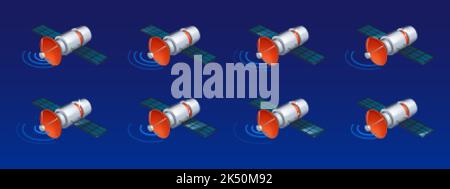 Communication satellite with antenna and abstract signal waves. Telecommunication or gps system station on Earth orbit, vector isometric animation spr Stock Vector