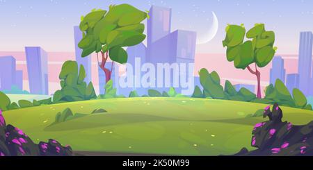 City park at early morning landscape, summer or spring scenery background, public recreational place with green trees and lawn under pink sky with sta Stock Vector
