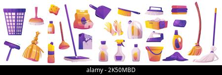 Equipment for house cleaning, brushes, soap, brooms, gloves and domestic detergents. Household chemicals in bottles, washing powder, buckets, dustpan Stock Vector