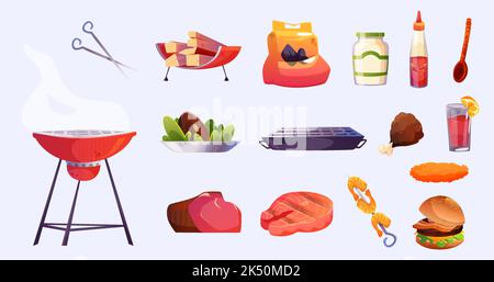 Bbq set, barbecue food and cooking stuff. Grill machine, fish steak, shrimp kebab, Forceps, sauce bottle, meat, chicken leg, burger, spoon, glass isol Stock Vector