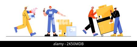 Service of house or office move, cargo delivery with loaders. Men movers, warehouse workers or couriers carry cardboard boxes and push hand truck, vec Stock Vector