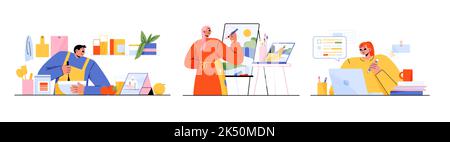 Online education, digital technologies for training and study. People learning in distance courses, cooking food, paint on easel, study in Internet, v Stock Vector