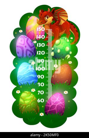 Kids height chart with cartoon red dragon and eggs on meadow, vector growth measuring meter. Child height scale and tall measurement rule with fantasy dragon lizard and magic eggs Stock Vector