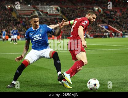 Liverpool, UK. 4th Oct, 2022. James Tavernier of Rangers challenges James Milner of Liverpool (R) during the UEFA Champions League match at Anfield, Liverpool. Picture credit should read: Darren Staples/Sportimage Credit: Sportimage/Alamy Live News Stock Photo