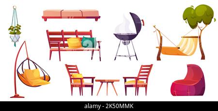 Backyard or patio furniture for relax and cooking grill for bbq. Garden bench, hammock, bean bag chair, table, tree and hanging chair isolated on whit Stock Vector