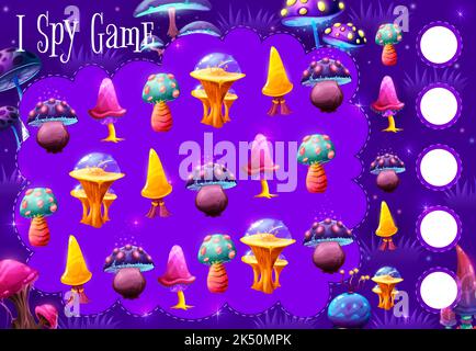 I spy game, magic luminous mushrooms. Kids game vector worksheet, maths puzzle, education riddle with cartoon mushrooms and fungus plants on background of glowing meadow of fairy forest or garden Stock Vector