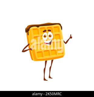 Cartoon belgian waffle character with chocolate. Vector wafer with choco filling, cute fresh appetizer personage with smiling face and big eyes. Isolated confectionery, funny cookie, pastry snack Stock Vector