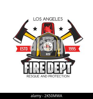 Firefighting icon and fire department symbol with vector helmet of firefighter or fireman, crossed axes and fire truck emergency red light. Rescue service isolated badge with firefighter equipment Stock Vector