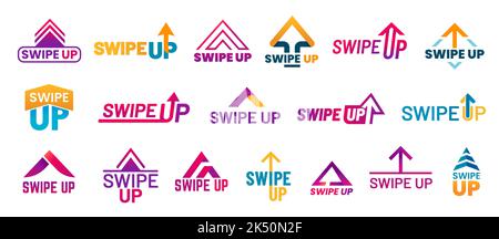 Swipe up icons and buttons, scroll and drag arrows for social network application, vector mobile symbols. App interface buttons to swipe up, flat arrows for website or screen scroll UI and UX Stock Vector