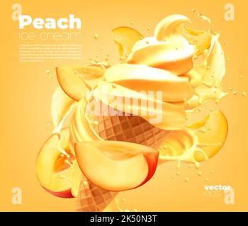 Peach soft ice cream cone with splash on background, vector ad poster. Icecream package with 3d melon fruit and gelato ice cream twist swirl in wafer cup, realistic milk dairy product Stock Vector