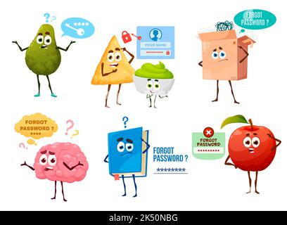 Forgot password cartoon characters. Isolated vector avocado, nachos with sauce guacamole, carton box, human brain, book and apple pensive thoughtful personages scratching head trying to remember key Stock Vector