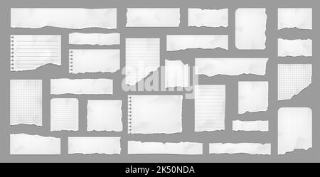 White torn paper, rip paper pieces and notebook page strips with ripped corners, vector note sheets. Torn paper shreds from copybook, lined and chequered pages with holes for banners or message memo Stock Vector