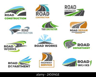 Road construction and repair service icons. Highway asphalt repair sign with winding pathway roadside lawn, driveway turn, sky and horizon. Road works department vector symbols Stock Vector