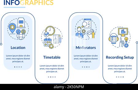 Logistics of usability testing session rectangle infographic template Stock Vector
