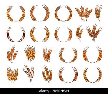 Laurel wreath, cereal wheat ears and spikes, organic farm product vector emblems. Laurel wreath of wheat, rye or oat ear spikes for bakery, bread flour or cereal food and farm organic products Stock Vector