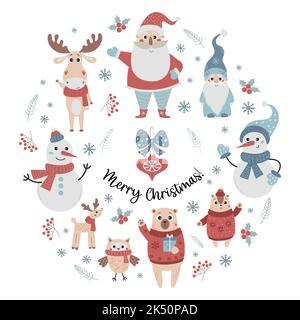 Set Christmas cartoon characters. Old man Santa Claus, gnome, snowman, cute animals bear and chipmunk, deer, elk and owl in knitted clothes. Isolated Stock Vector