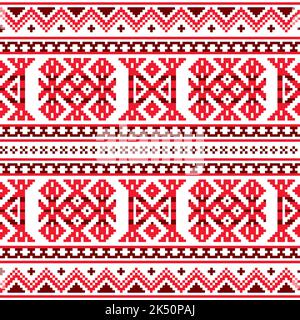 Sami folk art vector seamless pattern, retro design styled as traditional cross-stitch ornament from Lapland in red Stock Vector