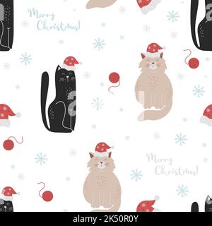 Christmas seamless pattern. New Years cute animals cats in Santas hat on white background with ball of thread and snowflakes. Vector Christmas ornamen Stock Vector