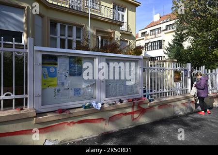 Prague, Czech Republic. 05th Oct, 2022. An unknown perpetrator sprayed the seat of the Embassy of Ukraine in Prague-Bubenec with red colour on the night of October 5, 2022, in Prague, Czech Republic. Credit: Katerina Sulova/CTK Photo/Alamy Live News Stock Photo