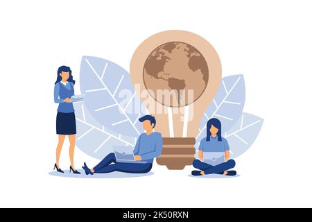 little people prepare for Earth day, save energy, Earth hour, correspond with different countries, communicate through networks flat vector illustrati Stock Vector