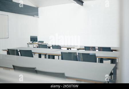 Empty conference, presentation or interior for a tradeshow class, event or marketing and sales coaching workshop. Meeting room of an educational Stock Photo